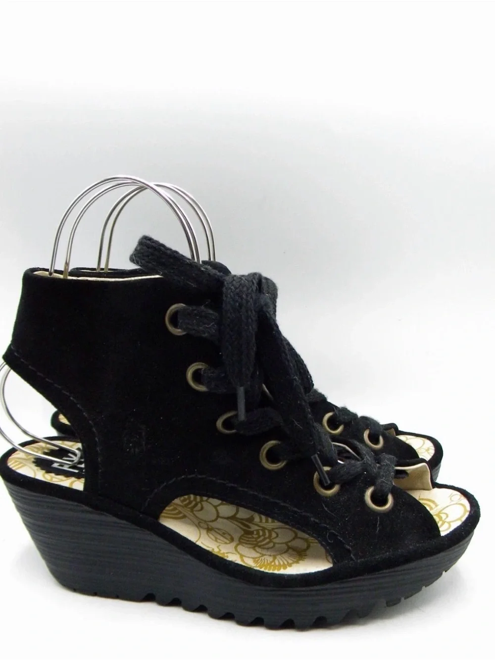 FLY LONDON Yaba Black Suede Wedge Heel Lace Up Sandals Size EU 39